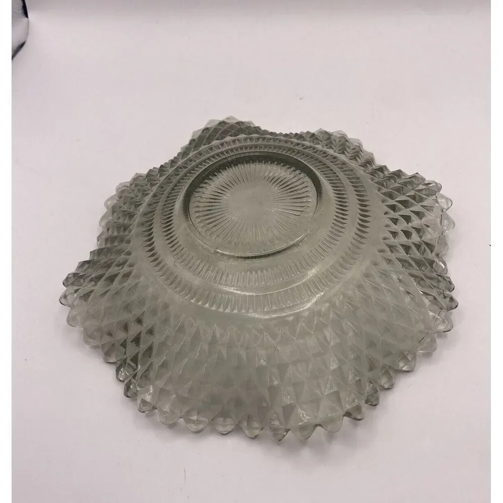 Indiana Glass Clear/Gray Diamond Point Cut Glass‎ Round Candy Dish Ruffled Edge